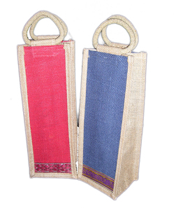 Reusable 2-6 Bottle Jute Fabric Wine Bottle <b>Bag</b> with Handle Geometric Pattern Medium Size ZARI Border-Lowellcraft - Product Image 1