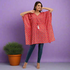 Vestido caftán de algodón con estampado de Bandhani Rosa SHKUP1232 para ocasiones de cóctel - Product Image 5
