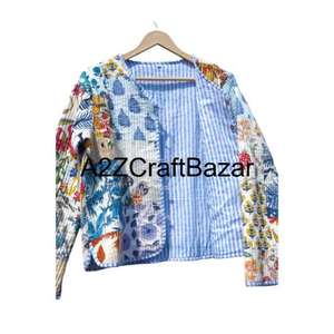 Floral Block Print Handmade Soft Cotton Quilted Reversible Indian Style Bohemian <b>Women's</b> Jacket Outerwear All Seasons - Product Image 5