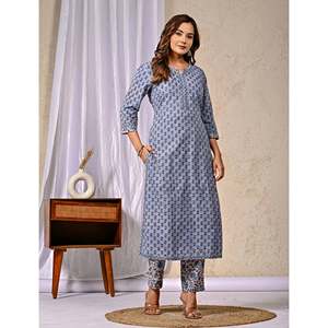Grey Cotton Kurta Pant Set with Butti Block Printed Ethnic <b>Bandanas</b> - Product Image 3