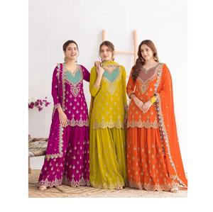 ชุดชาราราคุณภาพสูง ผ้าชีฟองไหม พร้อมผ้าคลุมไหล่ ปักลายด้วยมือ ประดับด้วยงานปักเลื่อม สำหรับผู้หญิง - Product Image 1