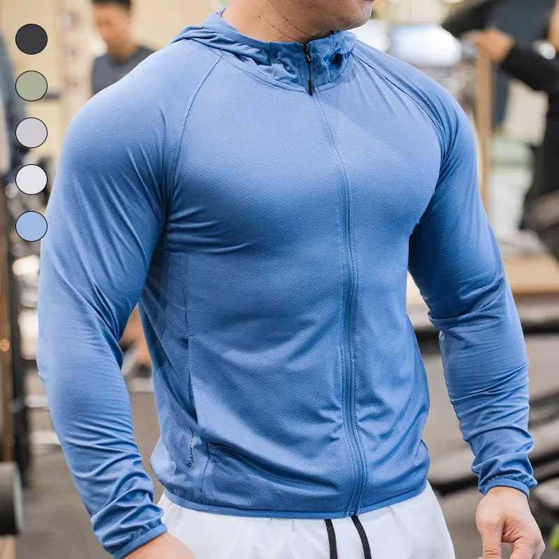 Veste d'entraînement de piste de course légère respirante chaude veste de sport de gymnastique à fermeture éclair complète pour hommes à capuche