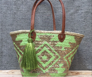 Premium Quality Stunning <b>Straw</b> <b>Bag</b> Sequins Gold & Pistachio | Woven <b>Straw</b> Beach <b>Bag</b> Leather Handles | - Product Image 1
