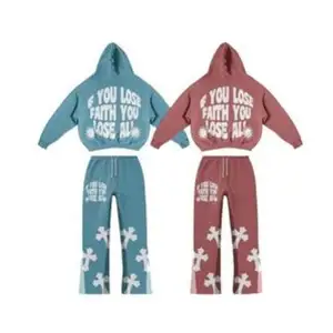 Print Puff Stacked Sets French Terry Sweat Suits Männer Zweiteilige Flare Pants Sets Hoodies Trainings anzüge Trainings anzug für Männer