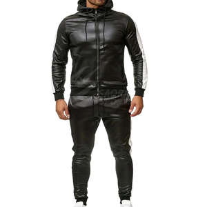Ensemble coordonné de luxe en cuir véritable pour homme : veste streetwear et pantalon de jogging, survêtement tendance doublé polaire coupe-vent - Product Image 3