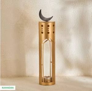 Farol de Ramadán Moderno de Metal Dorado con Diseño de Media Luna, Corte Elegante, Brillo Suave de Vela, Ideal para Decoración Festiva del Hogar, Regalo - Product Image 1