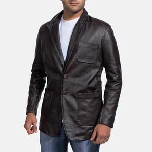 Blazer de Cuero Negro Estampado para Hombre GLOBAL LEATHER, Cuello de Solapa, Cierre de un Botón, Corte Regular, Estilo Americano - Product Image 1