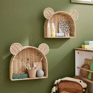 Handwoven Bear Shaped Rattan Wall Shelf | Decorative Wicker Floating <b>Bookshelf</b> <b>for</b> <b>Kids</b> Room Nursery and Playroom Wall Decor - Product Image 1
