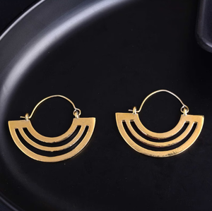 Women's Brass Gold Plated Half <b>Moon</b> Geometric Layered Tribal Boho <b>Earrings</b> Ethnic Style Statement Jewelry for Party Occasions - Product Image 3