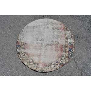 4x4 ft Turkish <b>Wool</b> Rug Round Vintage Patchwork Design <b>Red</b> Camouflage Pattern with Latex Backing - Product Image 1