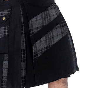 Best Sell Men's Modern Hybrid Black Cotton & Grey Watch Tartan Cross <b>Strip</b> Design Kilts 2026 - Product Image 5