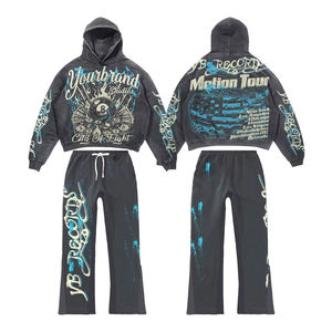 Conjunto de chándal holgado con estampado personalizado, conjunto de pantalones de chándal y sudadera con capucha y lavado ácido desgastado GSM, chándales personalizados, pantalón acampanado - Product Image 1