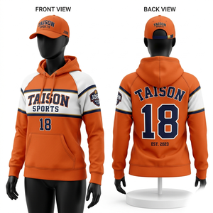 Sudadera con capucha de rugby de felpa de algodón y poliéster premium de 320 GSM, beige y azul marino con paneles en contraste, apliques bordados y logotipo personalizado. - Product Image 2