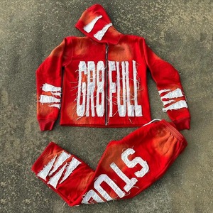 Wholesale Mono Riders Vintage Men's 2024 Winter Jogging Sweatsuits Distressed <b>Patch</b> Embroidery Acid Wash Flare Hoodie - Product Image 1