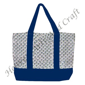 Sac fourre-tout en toile imprimé à la main avec poignée bleue, provenant d'Inde, motif floral multi-main avec deux bretelles, vente en gros BHCB047 - Product Image 3