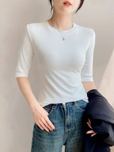 2025 Camiseta básica sólida de manga corta con cuello redondo, camiseta ajustada, camiseta informal de verano para mujer Y2k Vintage poliéster/algodón transpirable - Product Image 4