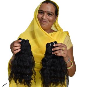 Venta al por mayor 100% Natural Raw Black Kinky Wavy Bundles Cutícula alineada South Indian Temple Extensiones de cabello humano Estilo de onda natural - Product Image 3