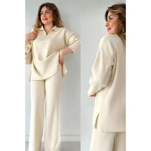 Women's Polo Collar Sweater and Trousers Knitwear Set - Product Image 1