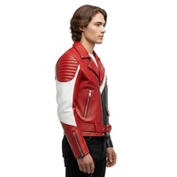 Veste de moto en cuir véritable pour homme, rouge, noir, blanc, coupe slim, avec ceinture et fermetures éclair