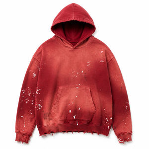 Custom <b>Men's</b> Crimson <b>Red</b> Washed Fleece Hoodie Oversized Distressed Paint Pullover Streetwear <b>Sweatshirt</b> OEM ODM - Product Image 1