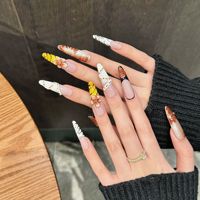 Ongles acryliques extra longs pré-conçus en forme de goutte d'eau brun ambré Design tropical doigt