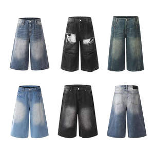 Short en jean vintage délavé à l'acide avec strass pour hommes, streetwear style hip hop baggy et droit pour l'été - Product Image 6