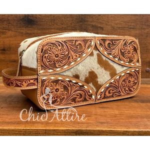 Custom Travel Makeup Bag Portable Hand Tooled Leather <b>Toiletry</b> Pouch Multifunctional Hair on Cowhide Cosmetic Bag for Women's - Product Image 1