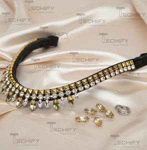 Diadema de Lujo para Caballo en Oro y Cristal Transparente |   Diseño Curvo Elegante |   Accesorio de Brida Ecuestre de Cuero Negro Hecho a Mano - Product Image 3