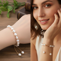 Bracelets tressés extensibles faits à la main en perles d'eau douce blanches brillantes de forme ovale, avec cordon noué.