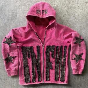 Clothing Manufacturer Wholesale Distressed Applique Patch Acid <b>Wash</b> Zip up Hoodie men 100% Cotton Vintage Cropped Boxy Hoodie - Product Image 5