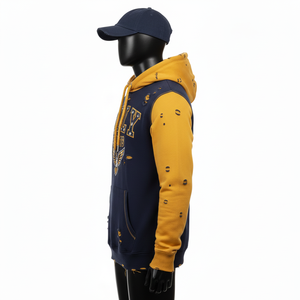 Sweat à capuche en polaire doux de haute qualité 320 GSM, panneau bicolore, marine et moutarde, logo brodé personnalisé, sweat à capuche basique - Product Image 3