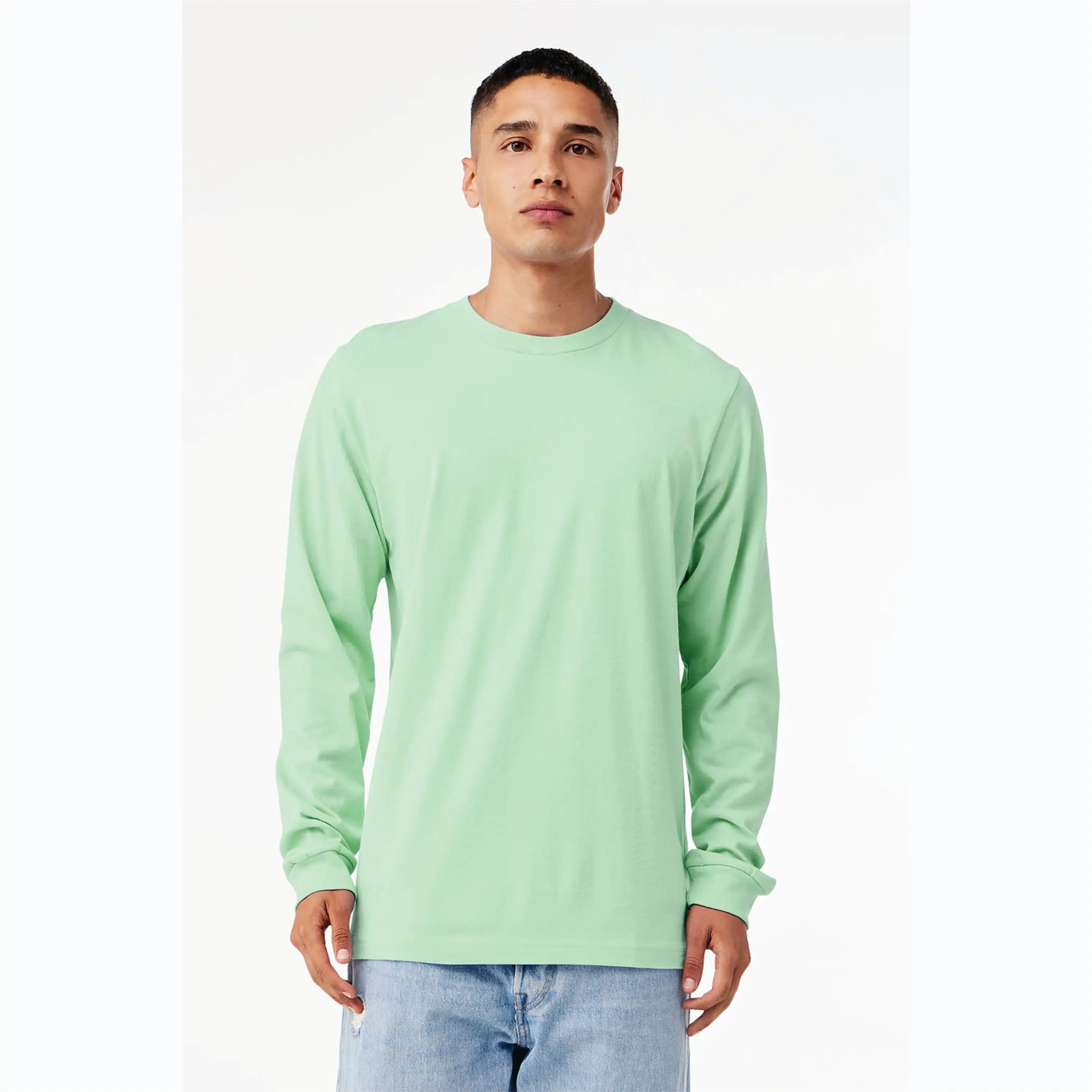 100% Airlume Combed and Ring Spun Cotton 32 Single 4.2 oz Mint Classic Crew Neck Unisex Jersey Long Sleeves T-Shirt