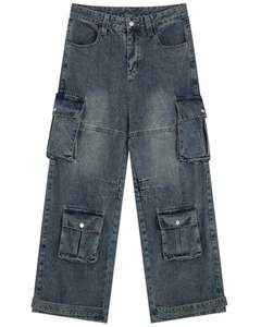 Pantalon cargo multi-poches en denim noir délavé, pantalon utilitaire pour homme, streetwear, coupe ample, vintage, décontracté - Product Image 1