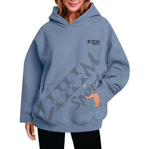 Sudadera con capucha de punto forrada para mujer, oversize, estampada, de manga larga, color liso, casual, con logo frontal, ODM, para otoño e invierno - Product Image 2