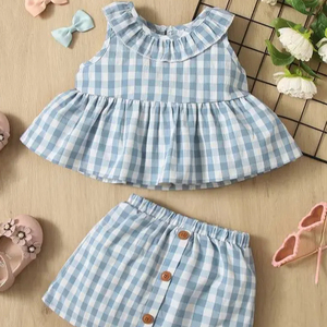 Diseño elegante y hermoso de tela de algodón a cuadros bebé blanco y azul cielo de Top y corto sin manga @ 2024 - Product Image 1