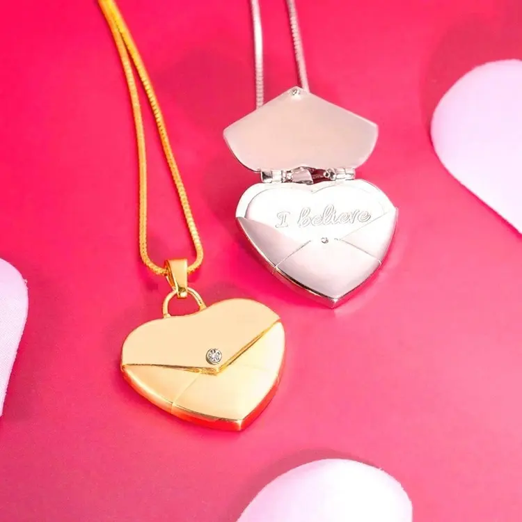 Wholesale Fashion Custom Engraving Gold Plated Heart Family Love Letter Envelope Locket Pendant Necklace For Women