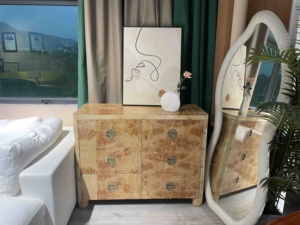 Commode de luxe à 6 tiroirs de style moderne avec miroir sur pied Commode à 6 tiroirs en placage de bois couleur bois ronce personnalisable pour chambre à coucher - Product Image 2