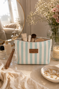 Sac cosmétique en toile rayée avec logo personnalisé, trousse de maquillage, sac de toilette de voyage, fabricant OEM ODM à marque privée - Product Image 1