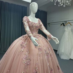 Vestido de Fiesta de Noche ANY189 Exclusivo, Color Rosa, Cuello Cuadrado, con Cuentas, Apliques de Cristal, Largo hasta el Suelo, con Flores 3D - Product Image 4