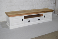 Meuble TV artisanal en bois de manguier écologique, design moderne, plateau en bois naturel, base peinte en blanc, poignées en métal noir, 65 pouces, pour salon