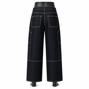 Jeans en denim noir à jambes larges sur mesure, pantalon cargo ample de haute qualité avec surpiqûres contrastées - Product Image 5