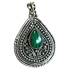 Pendentif en argent sterling massif 925 de la marque Navya Craft, pierre précieuse verte malachite en forme de poire, pour Noël, anniversaire, Saint-Valentin - Product Image 1