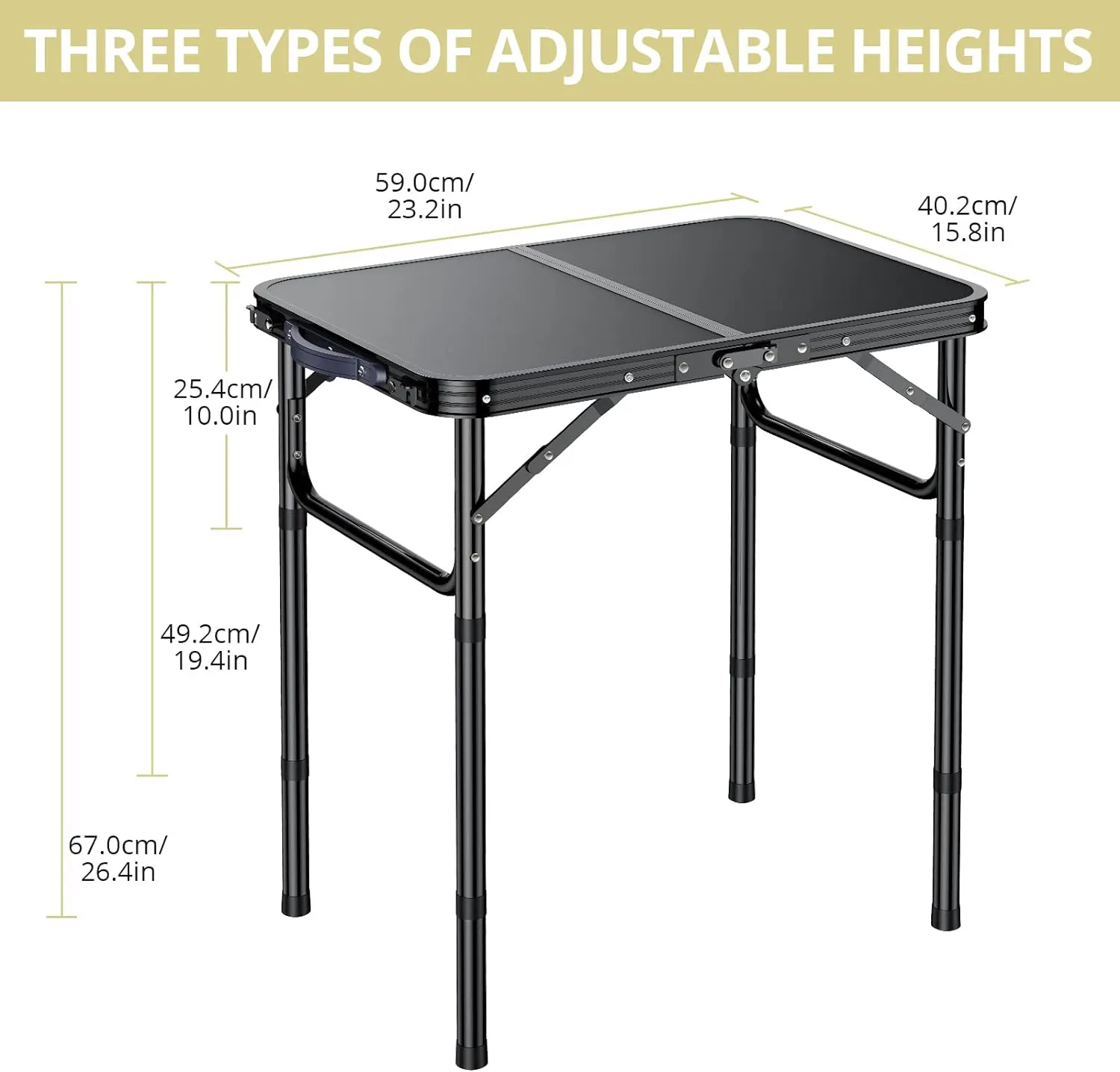 Table de camping pliante avec filet de rangement, table de pique-nique en aluminium noir pur de 2 pieds, hauteur réglable