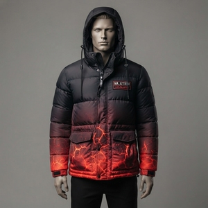 <b>Men</b> Hooded Puffer <b>Jacket</b> Black Red Gradient Print Quilted Winter Warm Outdoor <b>Utility</b> Casual <b>Jacket</b> OEM ODM Bulk <b>Jacket</b> - Product Image 1