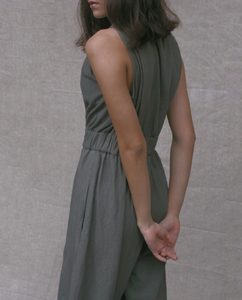 100% lin femmes col haut boutonné combinaison longueur de plancher couleur unie avec poche mignon Style européen modèle ordre requis - Product Image 5