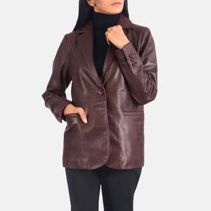 Norma Maroon Leather <b>Blazer</b> with Single Button Closure Knitted and Woven Weaving Embroidery and Print Decoration - Product Image 4