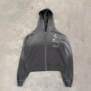 Sweat à capuche personnalisé avec rivet strass Vintage dégradé lavage à l'acide coton éponge français veste polaire zippée en détresse Streetwear à capuche - Product Image 1