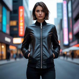 Chaquetas de motorista con cremallera de moda para mujer, prendas de vestir exteriores informales de Otoño/Invierno | Chaqueta de cuero de piel de vaca a prueba de viento para mujer - Product Image 2