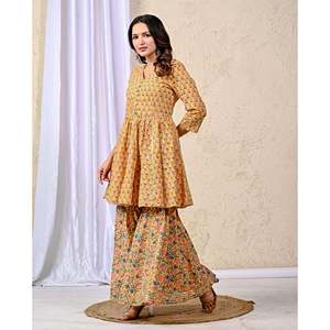 ชุดชาราร่าผ้าฝ้ายพิมพ์ลายสีเหลืองสำหรับผู้หญิง เสื้อแขนสามส่วน - Product Image 6