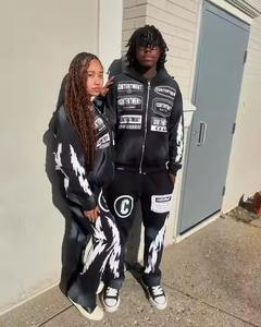 Conjunto de Sudadera con Capucha y Pantalones Deportivos con Estampado Bordado Desgastado Personalizado, Lavado Ácido, Cierre de Cremallera, Pantalones Deportivos Acampanados y Sudadera con Capucha - Product Image 6